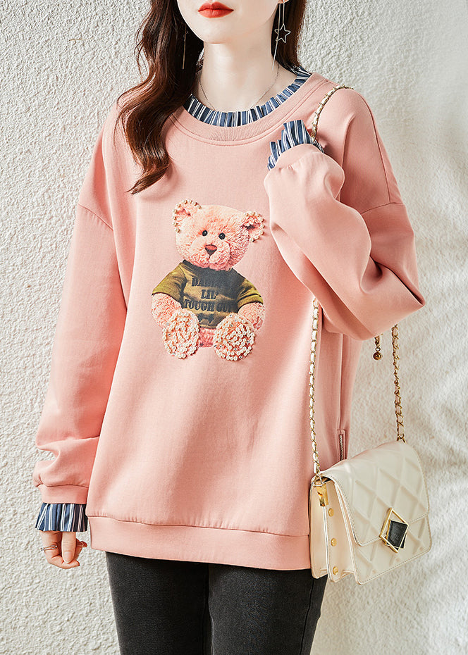 Fashion Pink Bear Patchwork Warm Fleece Sweatshirts Top Winter