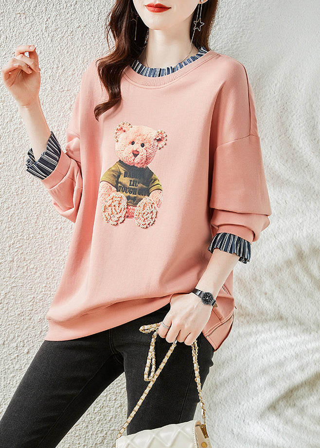 Fashion Pink Bear Patchwork Warm Fleece Sweatshirts Top Winter