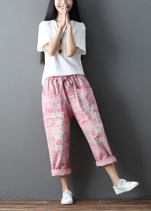 Fashion Pink Elastic Waist Print Pockets Cotton Harem Pants Spring