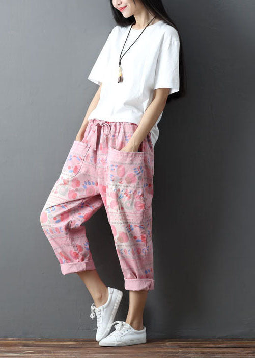 Fashion Pink Elastic Waist Print Pockets Cotton Harem Pants Spring