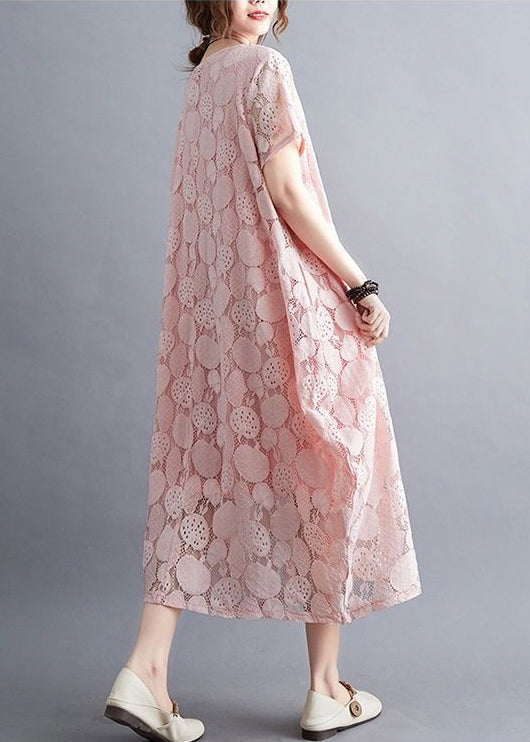 Fashion Pink O-Neck Embroideried Lace Dress Summer