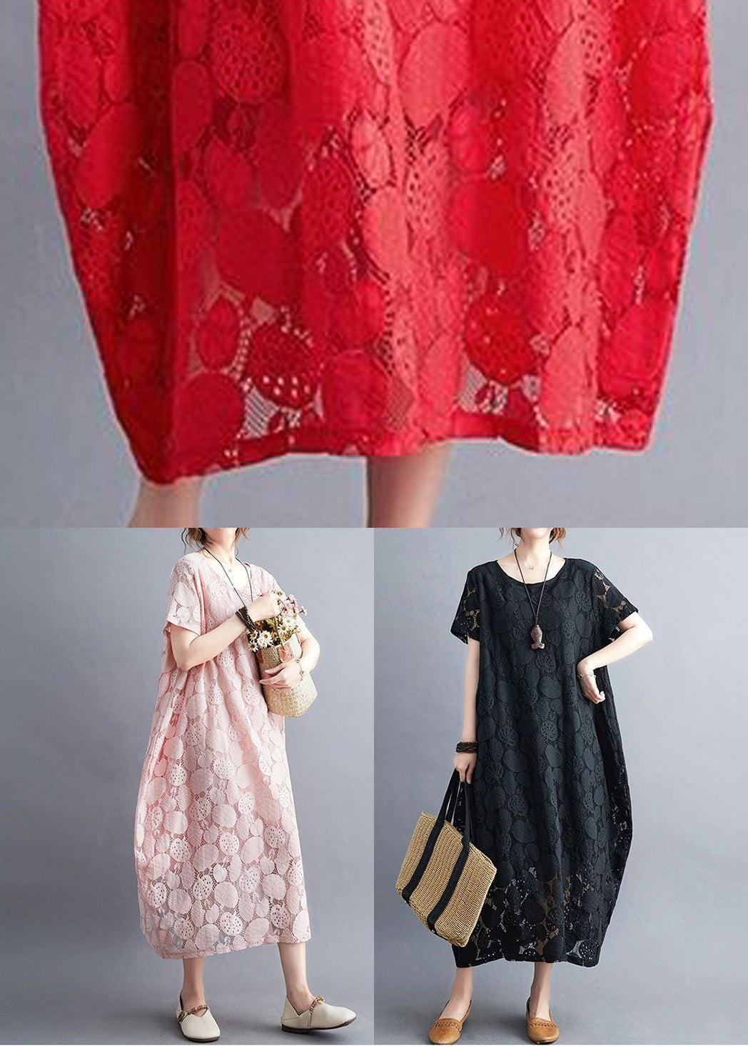 Fashion Pink O-Neck Embroideried Lace Dress Summer