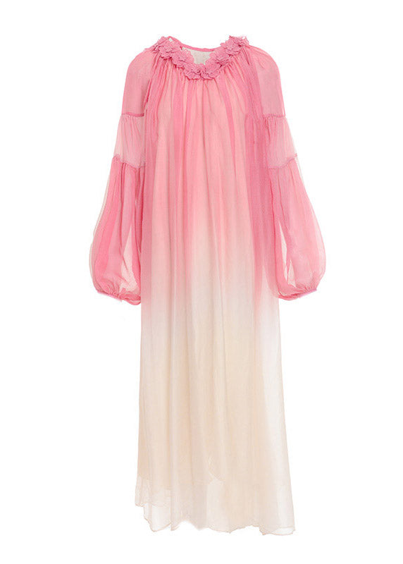 Fashion Pink O-Neck Gradient Color Embroideried Hoold Silk Maxi Dresses Long Sleeve