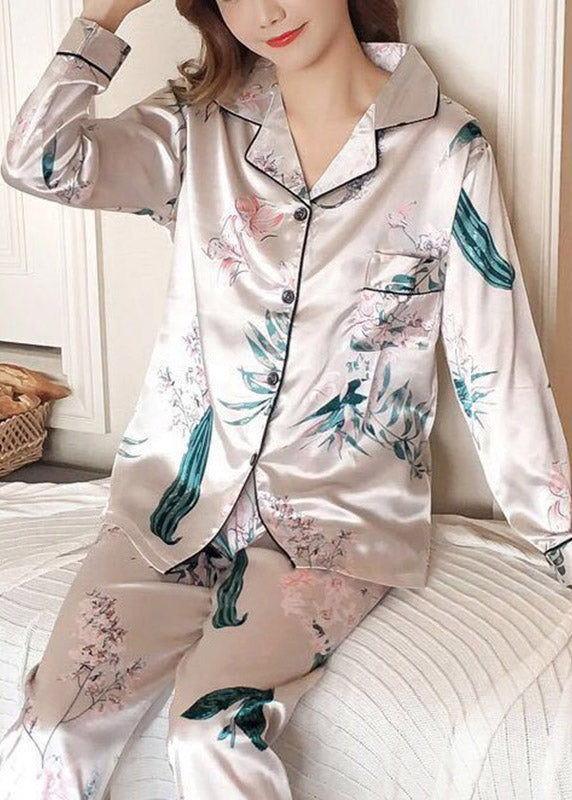 Fashion Pink Peter Pan Collar Print Ice Silk Pajamas Two Piece Suit Set Spring