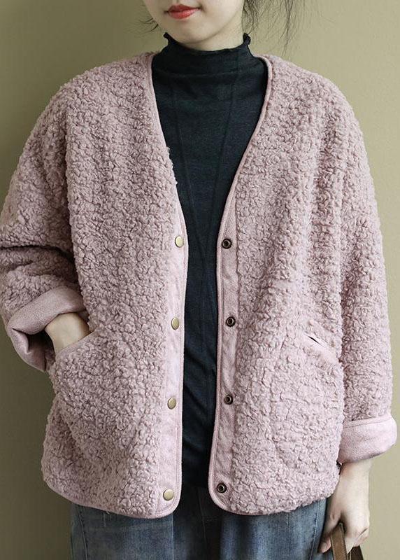 Fashion Pink Pockets Button Casual Fall Winter Thick Coats Long sleeve - Omychic