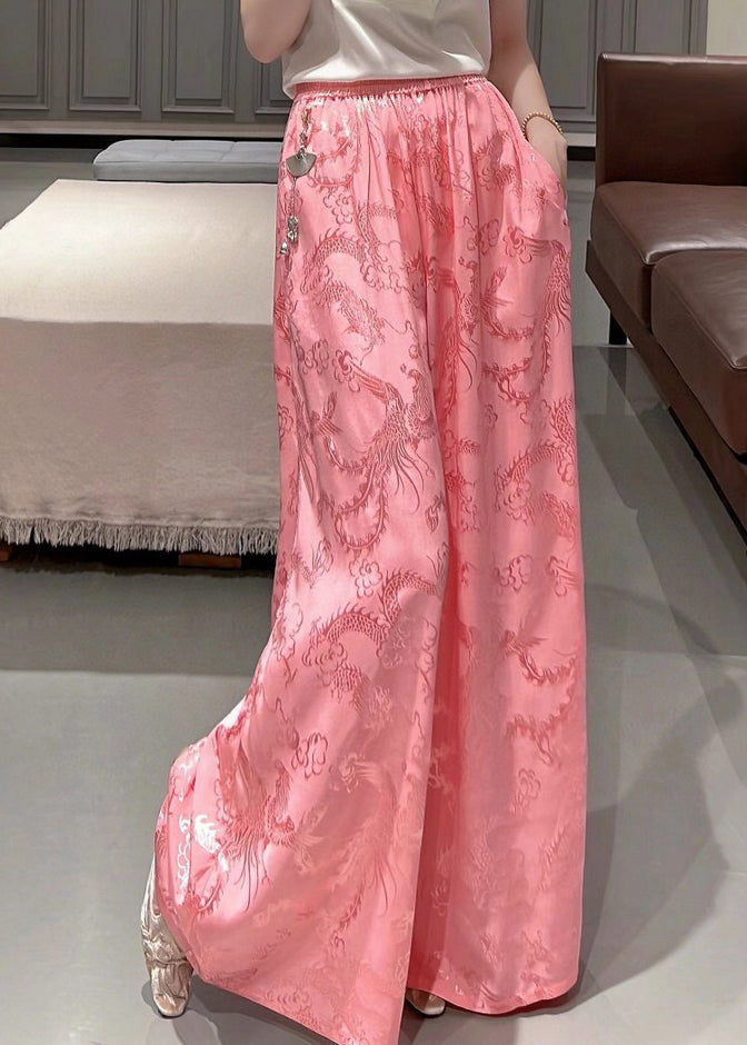 Fashion Pink Pockets Jacquard Silk High Waist Wide Leg Pants Fall