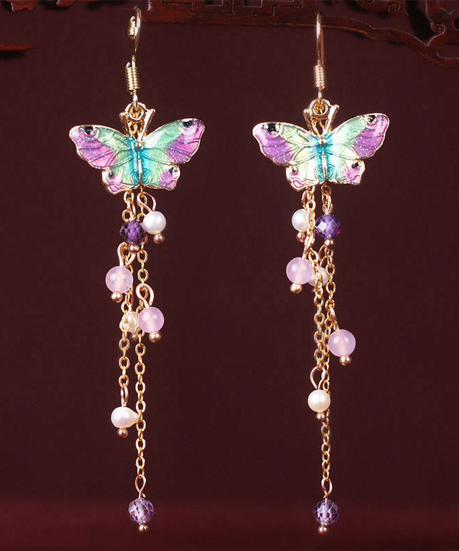 Fashion Pink Sterling Silver Pearl Chalcedony Butterfly Tassel Drop Earrings