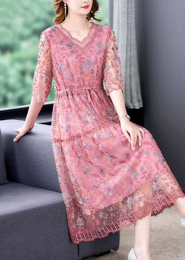 Fashion Pink V Neck Embroideried Silk Long Dress Half Sleeve