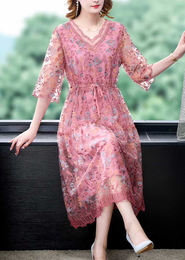 Fashion Pink V Neck Embroideried Silk Long Dress Half Sleeve