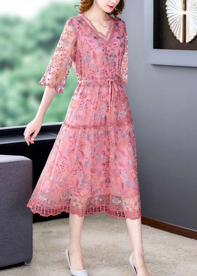 Fashion Pink V Neck Embroideried Silk Long Dress Half Sleeve