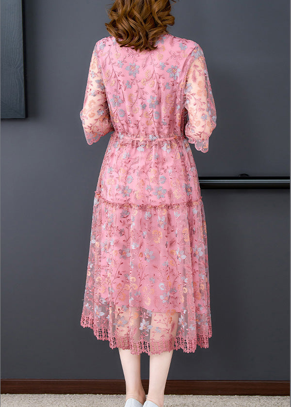 Fashion Pink V Neck Embroideried Silk Long Dress Half Sleeve