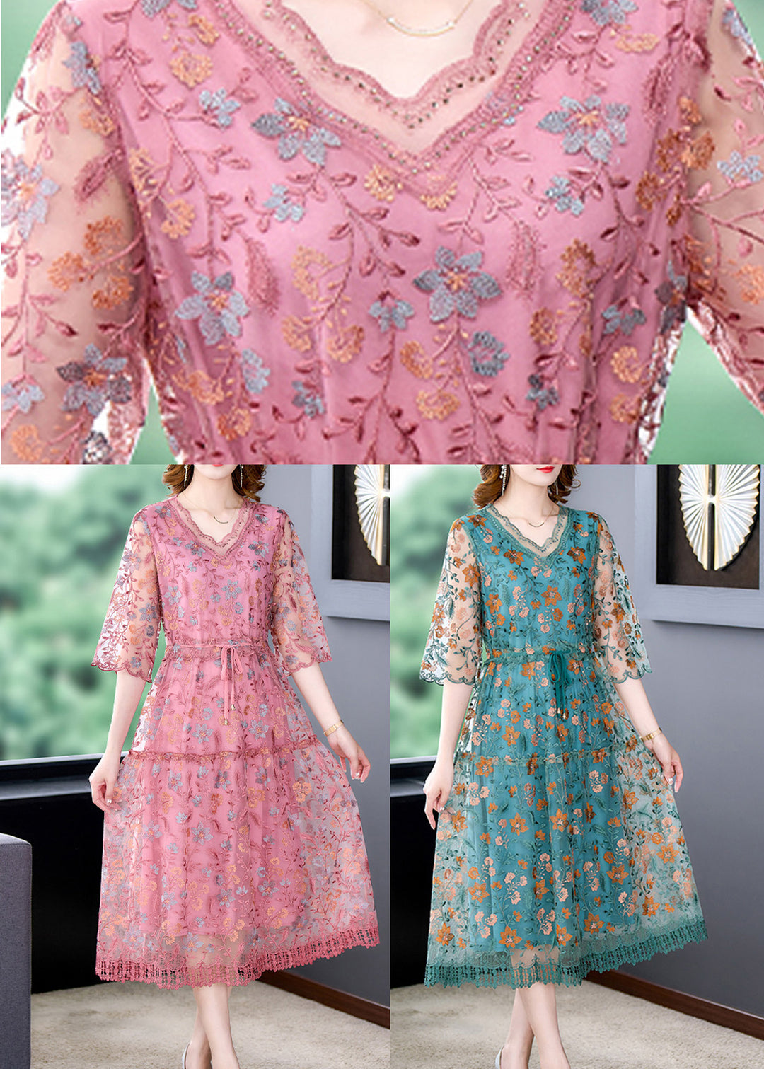 Fashion Pink V Neck Embroideried Silk Long Dress Half Sleeve