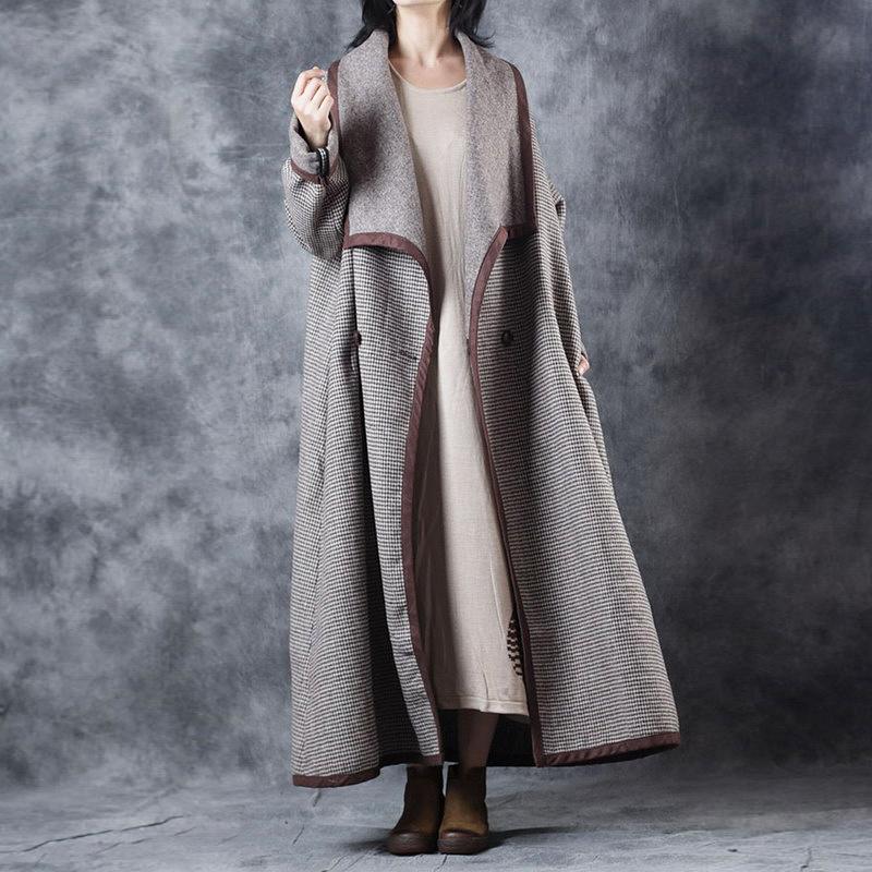 Fashion Plaid maxi coat plus size clothing Turn-down Collar maxi coat Elegant double breasted trench coat - Omychic