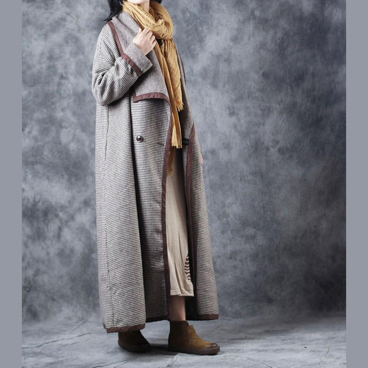 Fashion Plaid maxi coat plus size clothing Turn-down Collar maxi coat Elegant double breasted trench coat - Omychic