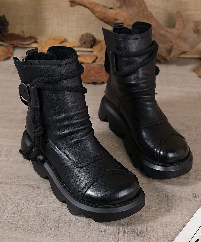 Fashion Platform Boots Black Cowhide Leather Ankle boots