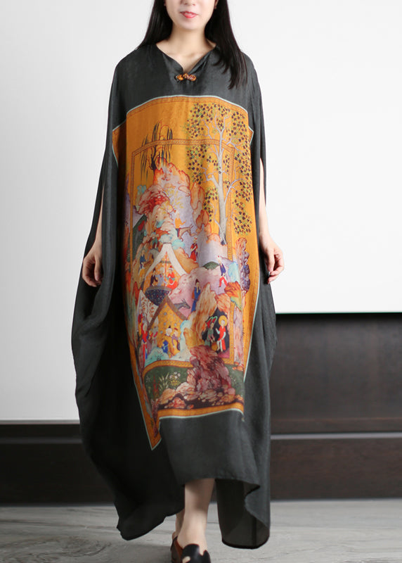 Fashion Plus Size Yellow Print O-Neck Silk Long Dress Batwing Sleeve