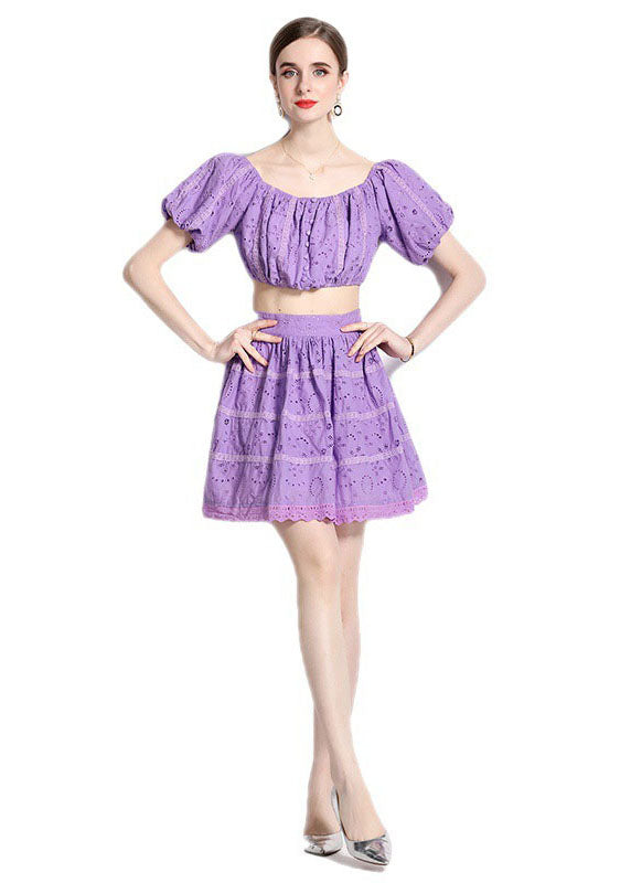 Fashion Purple Hollow Out Wrinkled Patchwork Cotton 2 Piece Outfit Summer