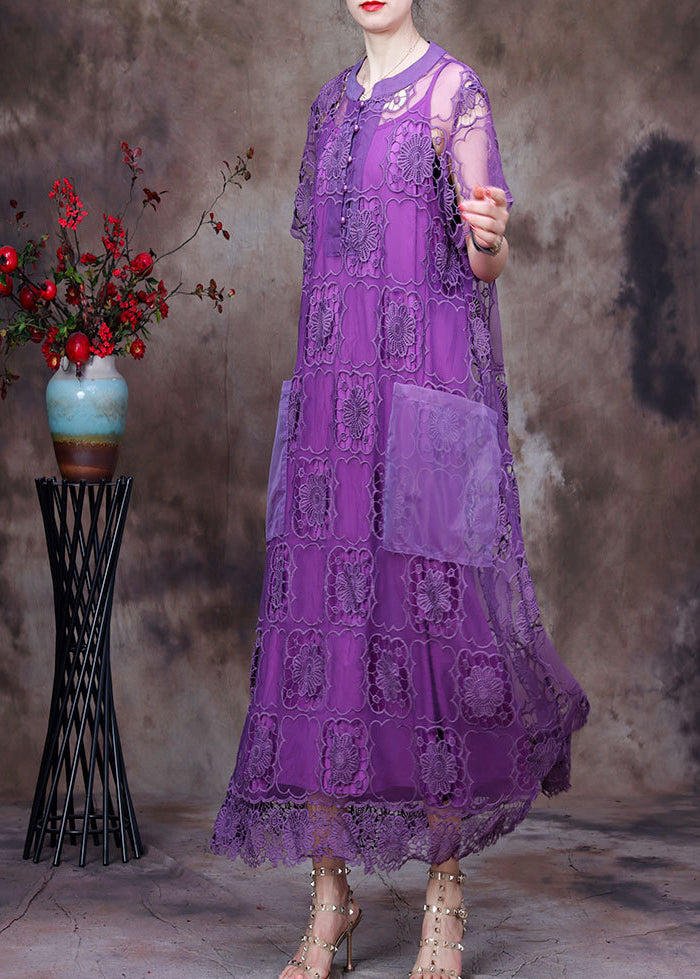Fashion Purple O-Neck Big Pockets Hollow Out Lace Dress And Spaghetti Strap Dress Two Piece Set Short Sleeve