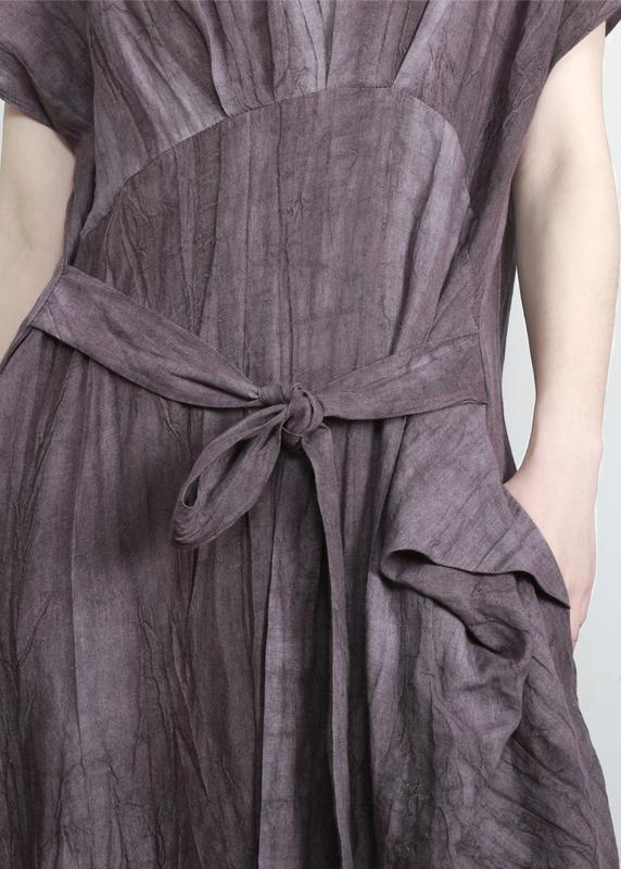 Fashion Purple Pockets Linen Batwing Sleeve Summer Robe Dresses - Omychic