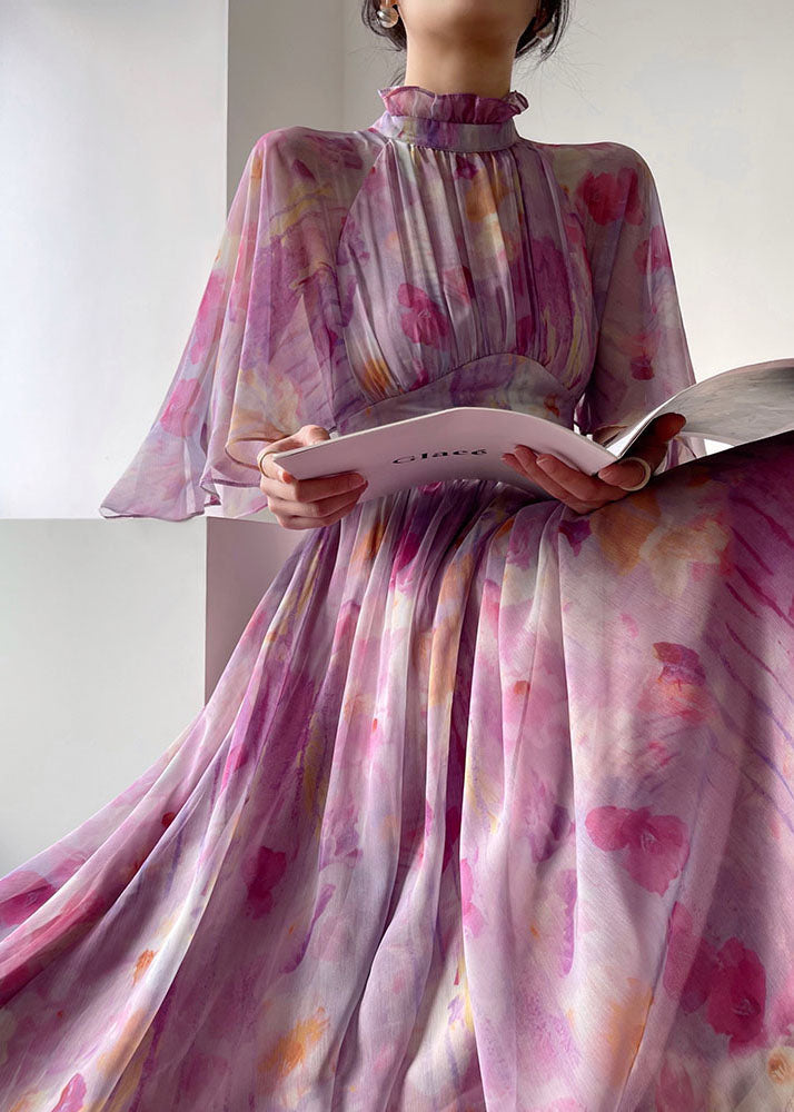 Fashion Purple Ruffled Print Cinched Chiffon Vacation Dress Summer