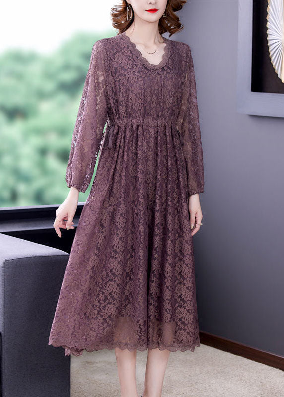 Fashion Purple V Neck Cinched Lace Holiday Dress Spring