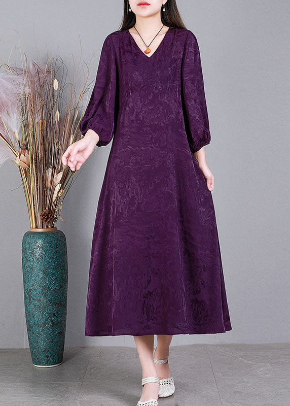 Fashion Purple V Neck Jacquard Patchwork Wrinkled Silk Dresses Bracelet Sleeve