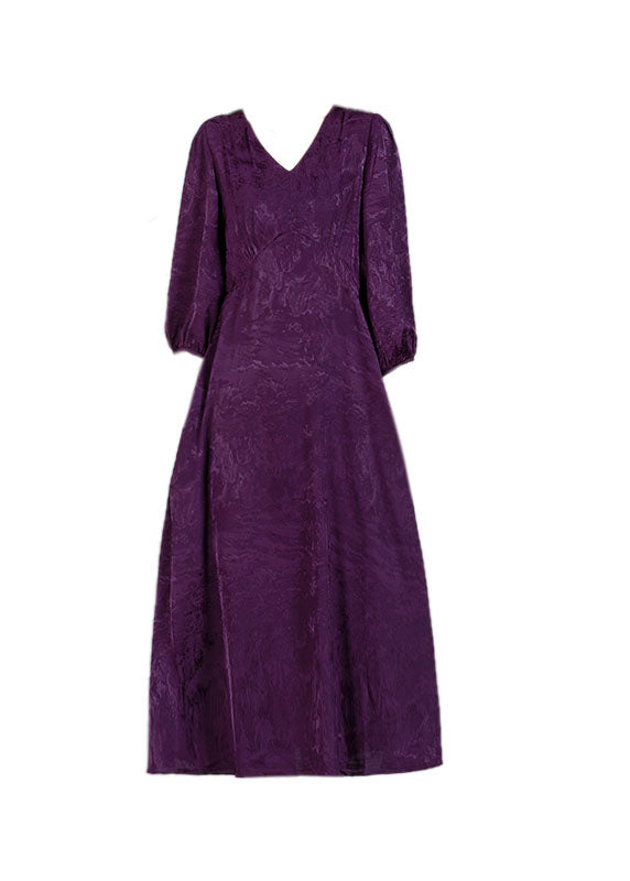 Fashion Purple V Neck Jacquard Patchwork Wrinkled Silk Dresses Bracelet Sleeve