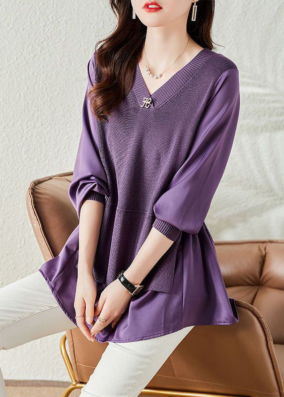 Fashion Purple V Neck Patchwork Knit Fake Two Piece Top Long Sleeve