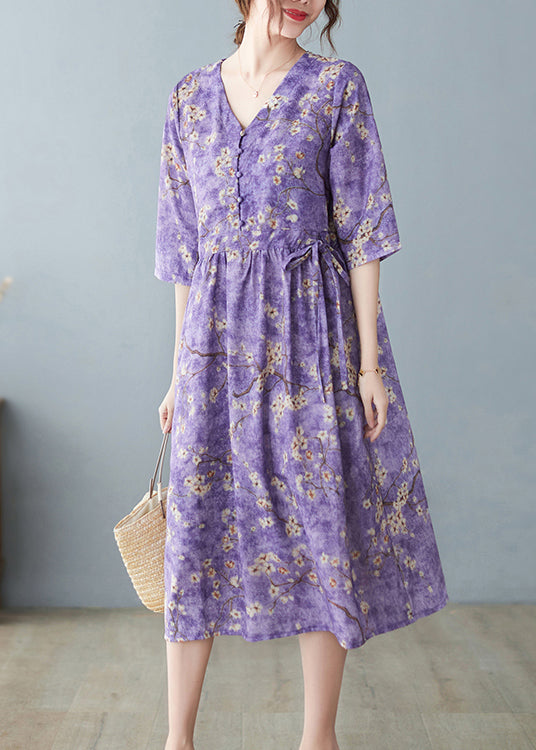 Fashion Purple V Neck drawstring Print Long Dresses Half Sleeve