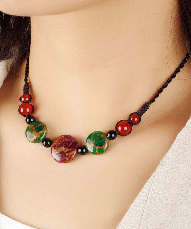 Fashion Red Agate Green Agate Golden Colored Stone Gratuated Bead Necklace