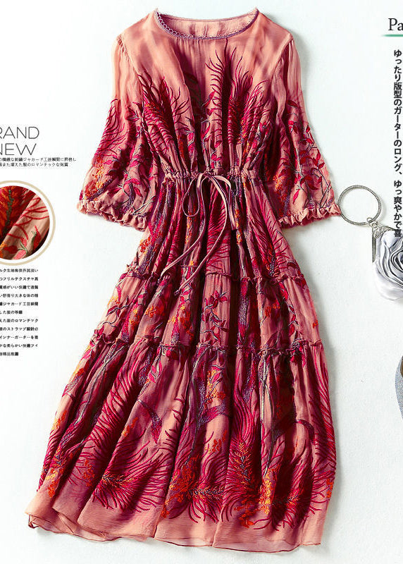 Fashion Red Embroideried Cinched Silk Dresses Bracelet Sleeve