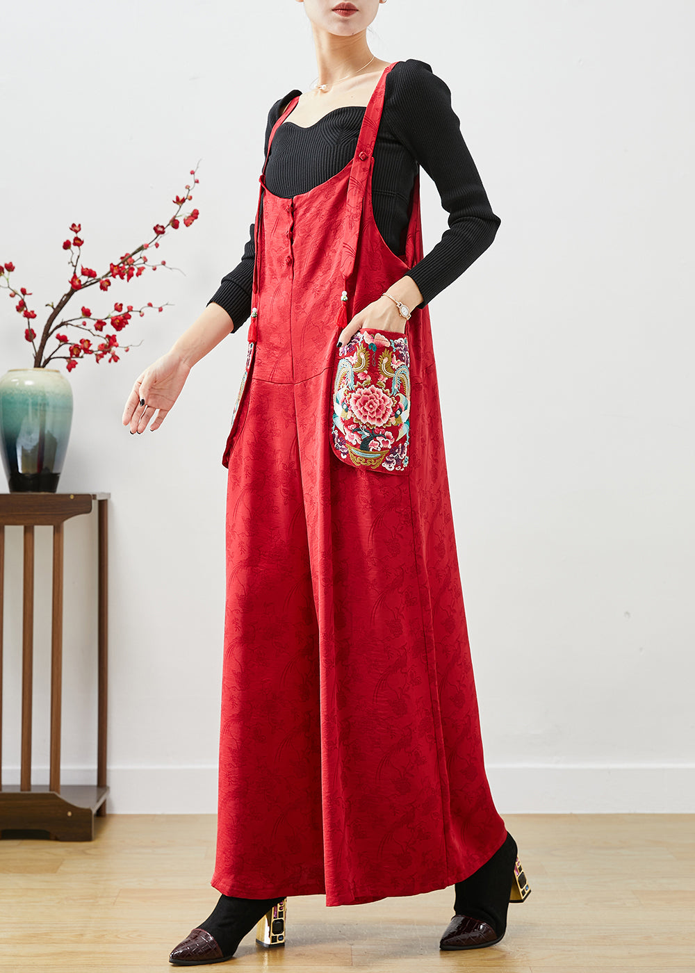 Fashion Red Embroideried Pockets Silk Jumpsuit Fall