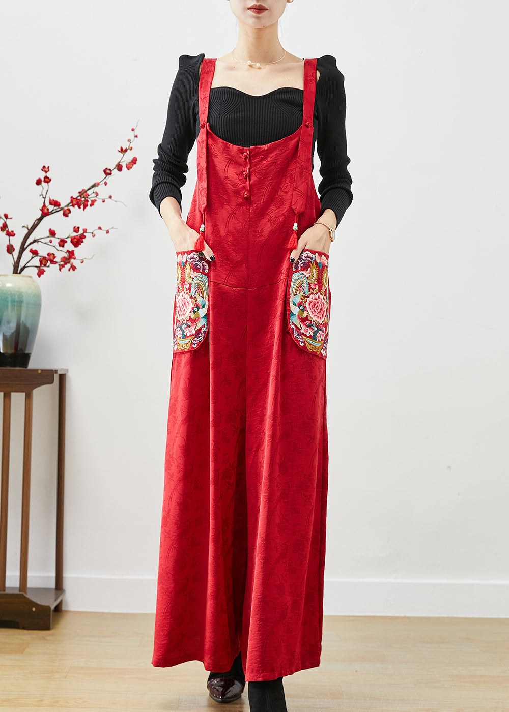 Fashion Red Embroideried Pockets Silk Jumpsuit Fall