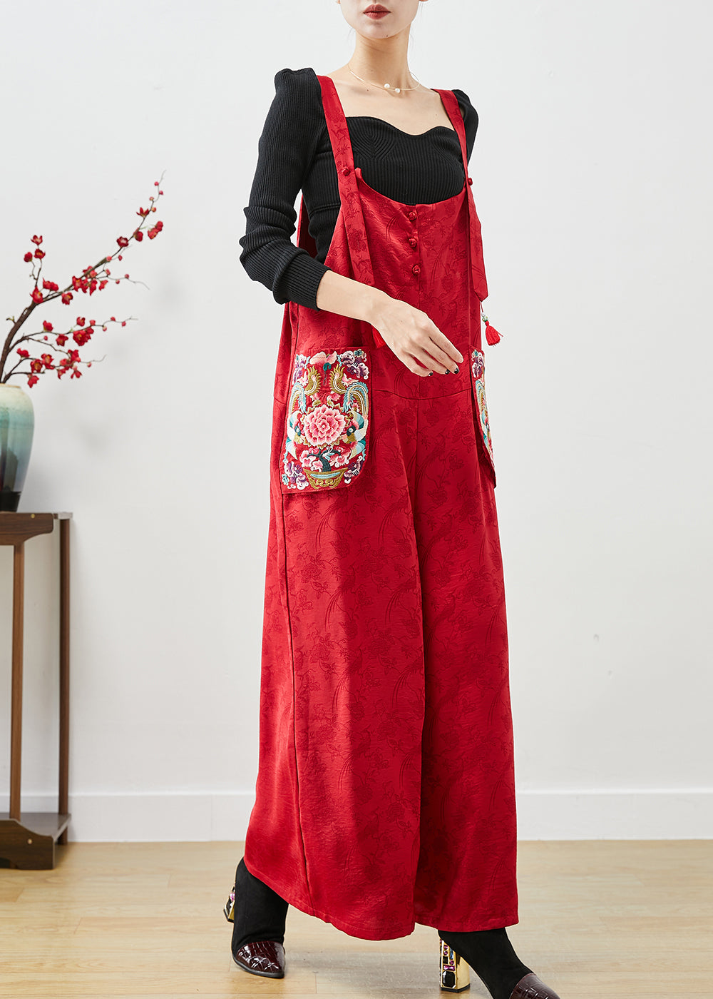 Fashion Red Embroideried Pockets Silk Jumpsuit Fall