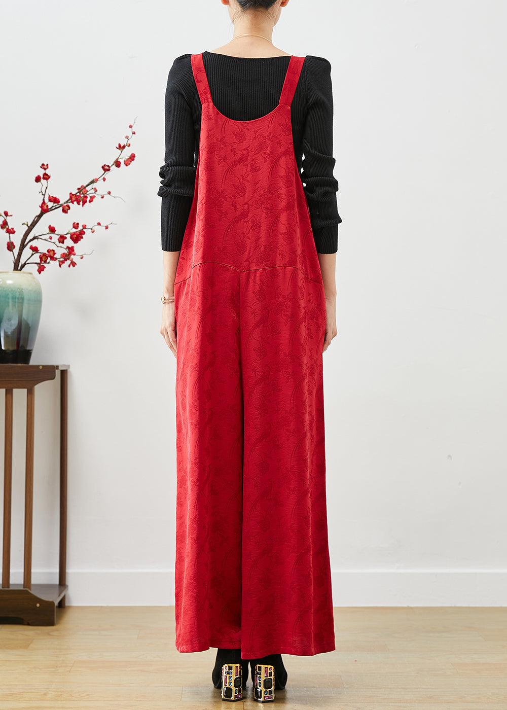 Fashion Red Embroideried Pockets Silk Jumpsuit Fall