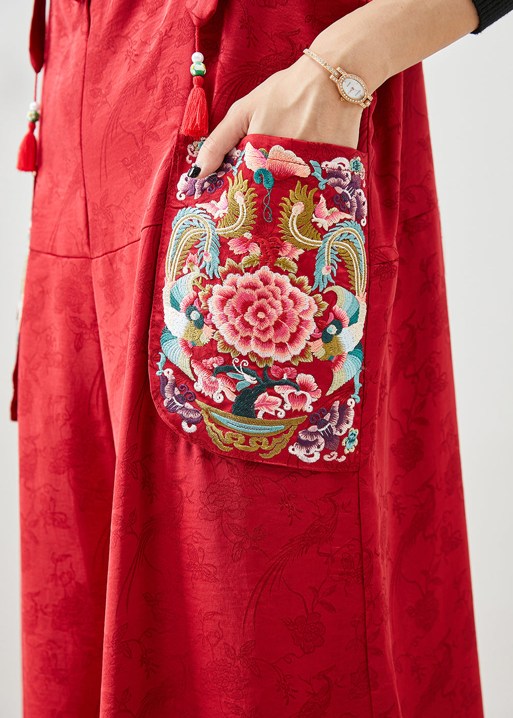 Fashion Red Embroideried Pockets Silk Jumpsuit Fall