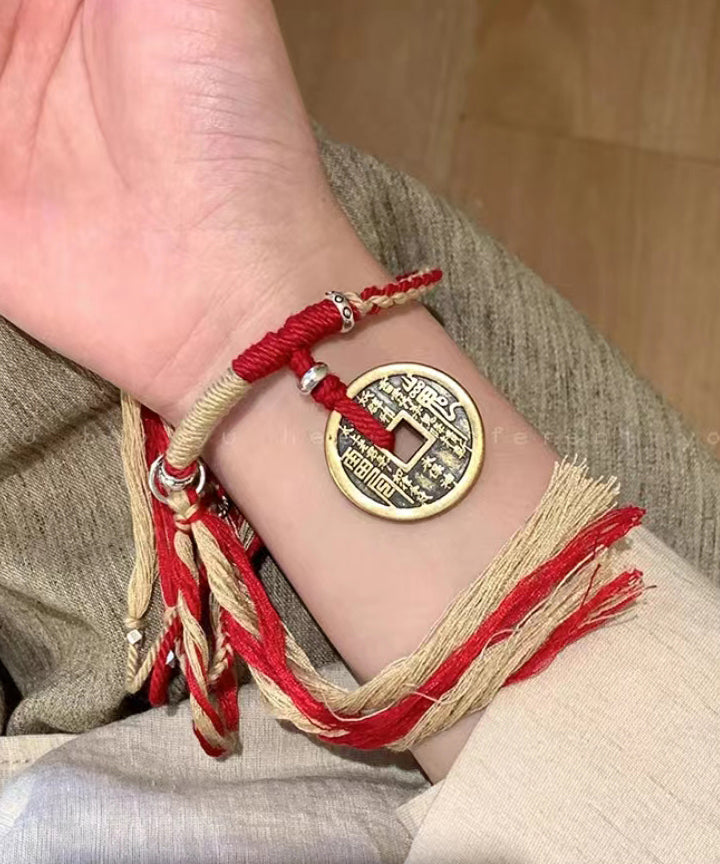 Fashion Red Hand Knitting Copper Cash Chain Bracelet