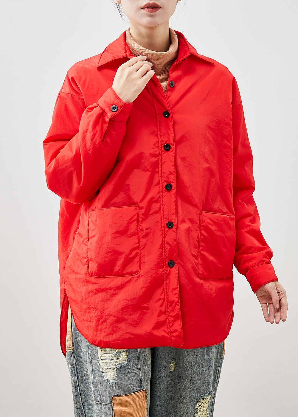 Fashion Red Oversized Low High Design Fine Cotton Filled Jacket In Winter