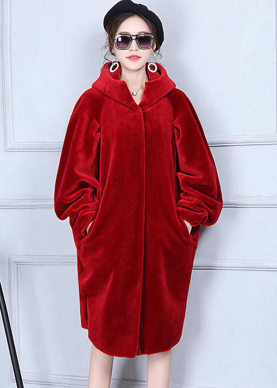 Fashion Red Oversized Wrinkled Cashmere Jackets Batwing Sleeve