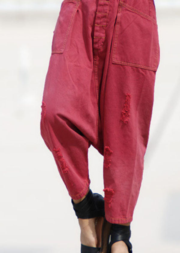 Fashion Red Pockets Patchwork Denim Harem Crop Pants Spring