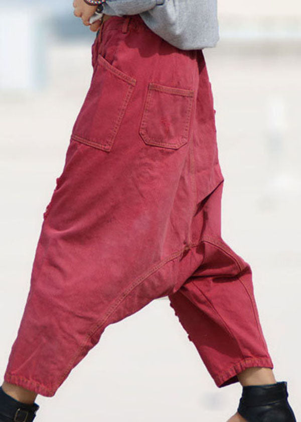 Fashion Red Pockets Patchwork Denim Harem Crop Pants Spring