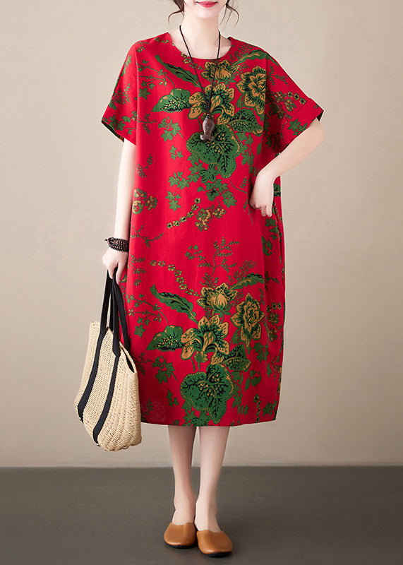 Fashion Red Print Chiffon Macxi Dress Short Sleeve