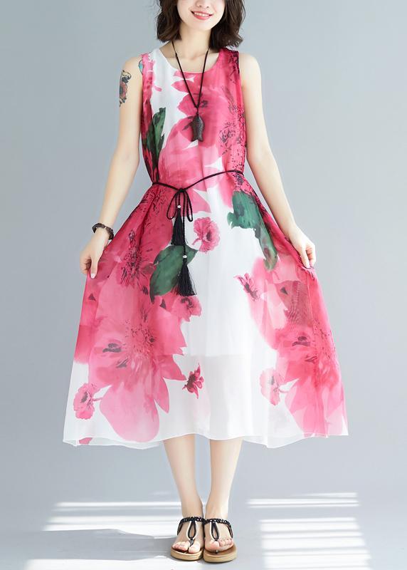 Fashion Red Print Chiffon Tie Waist Summer Holiday Dress - Omychic