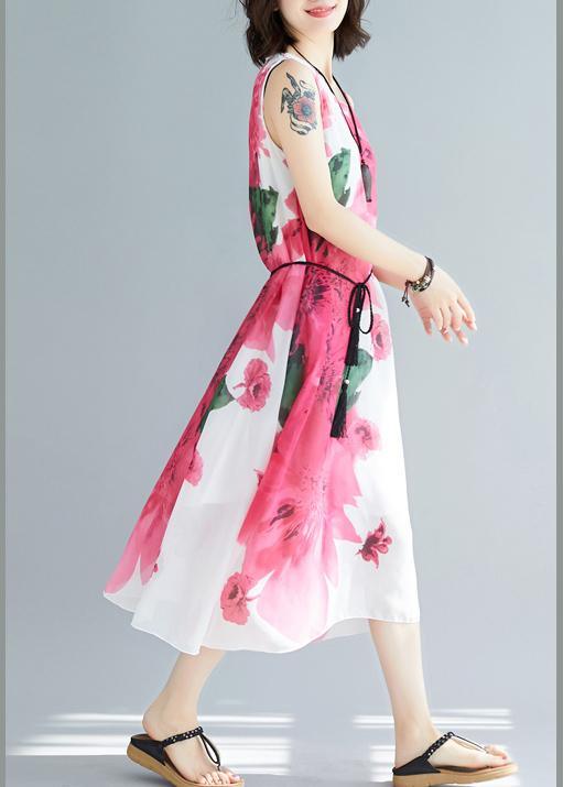 Fashion Red Print Chiffon Tie Waist Summer Holiday Dress - Omychic