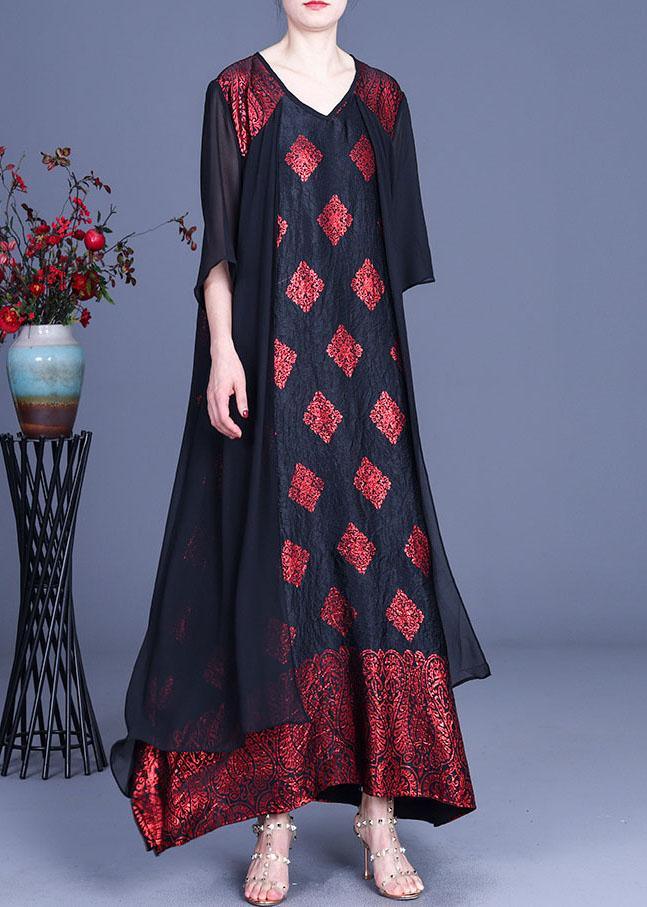 Fashion Red Print Patchwork Summer Silk Party Dress - Omychic