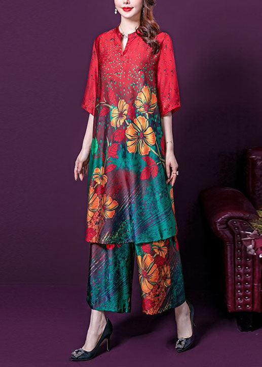 Fashion Red Print Patchwork Tops And Pants Silk Two Pieces Set Summer