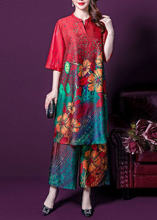 Fashion Red Print Patchwork Tops And Pants Silk Two Pieces Set Summer