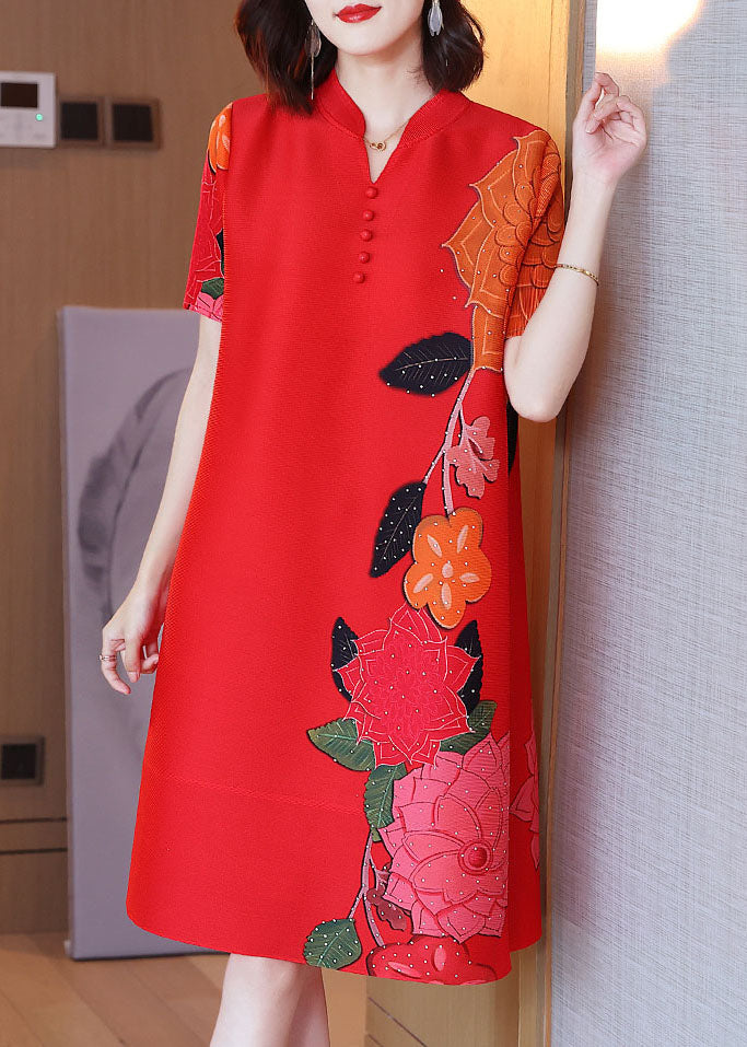 Fashion Red Stand Collar Button Floral Print Wrinkled Silk A Line Dress Short Sleeve