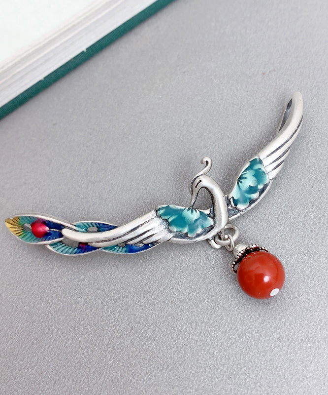 Fashion Red Sterling Silver Agate Phoenix Pendant Necklace