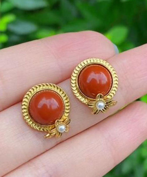 Fashion Red Sterling Silver Overgild Agate Pearl Stud Earrings